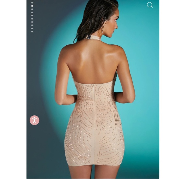 Oh Polly TOULOUSE Embellished Twist Neck Mini Dress in Sand - Picture 2 of 9